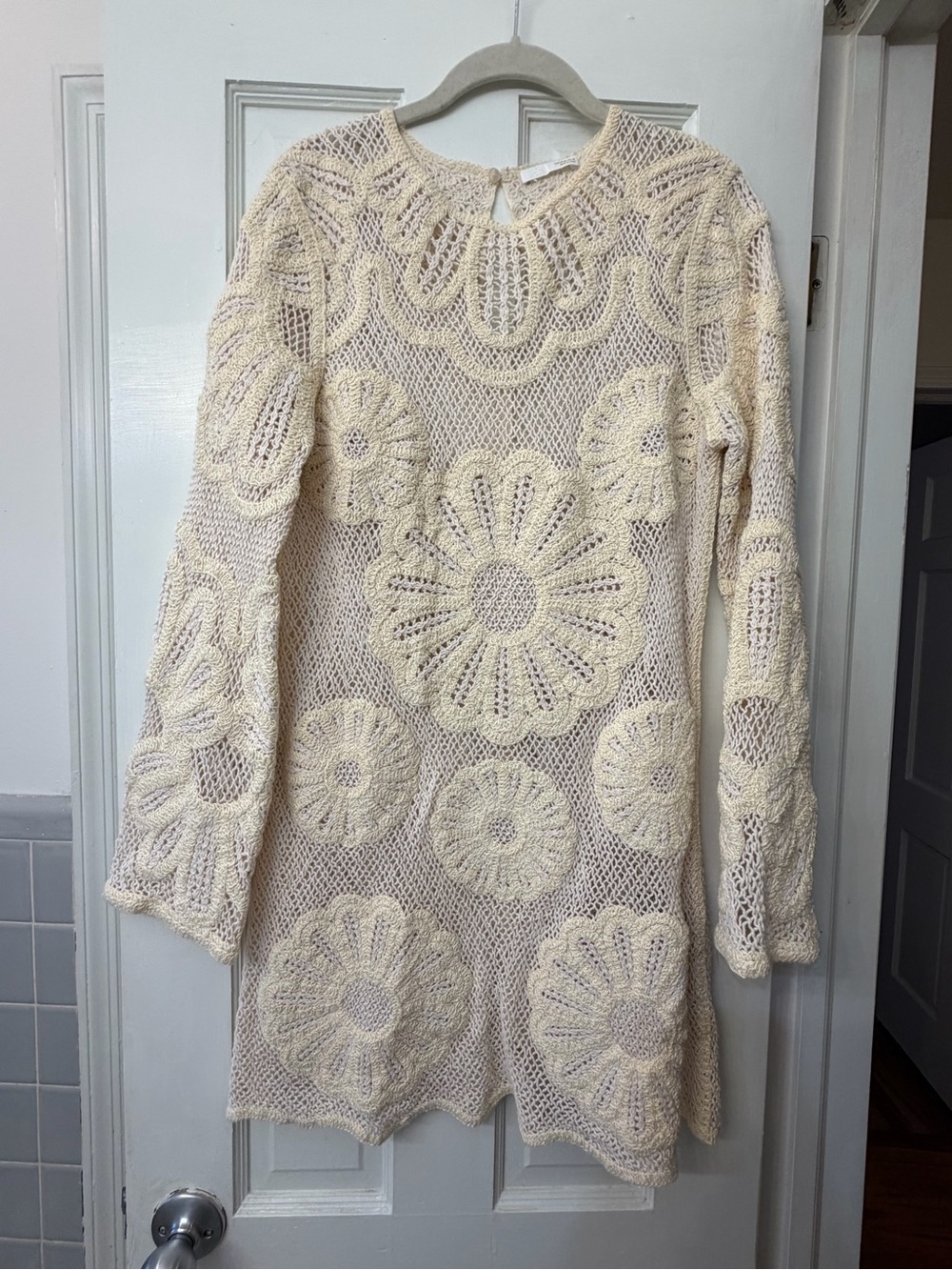 Zara Ecru Crochet Long-Sleeve Dress